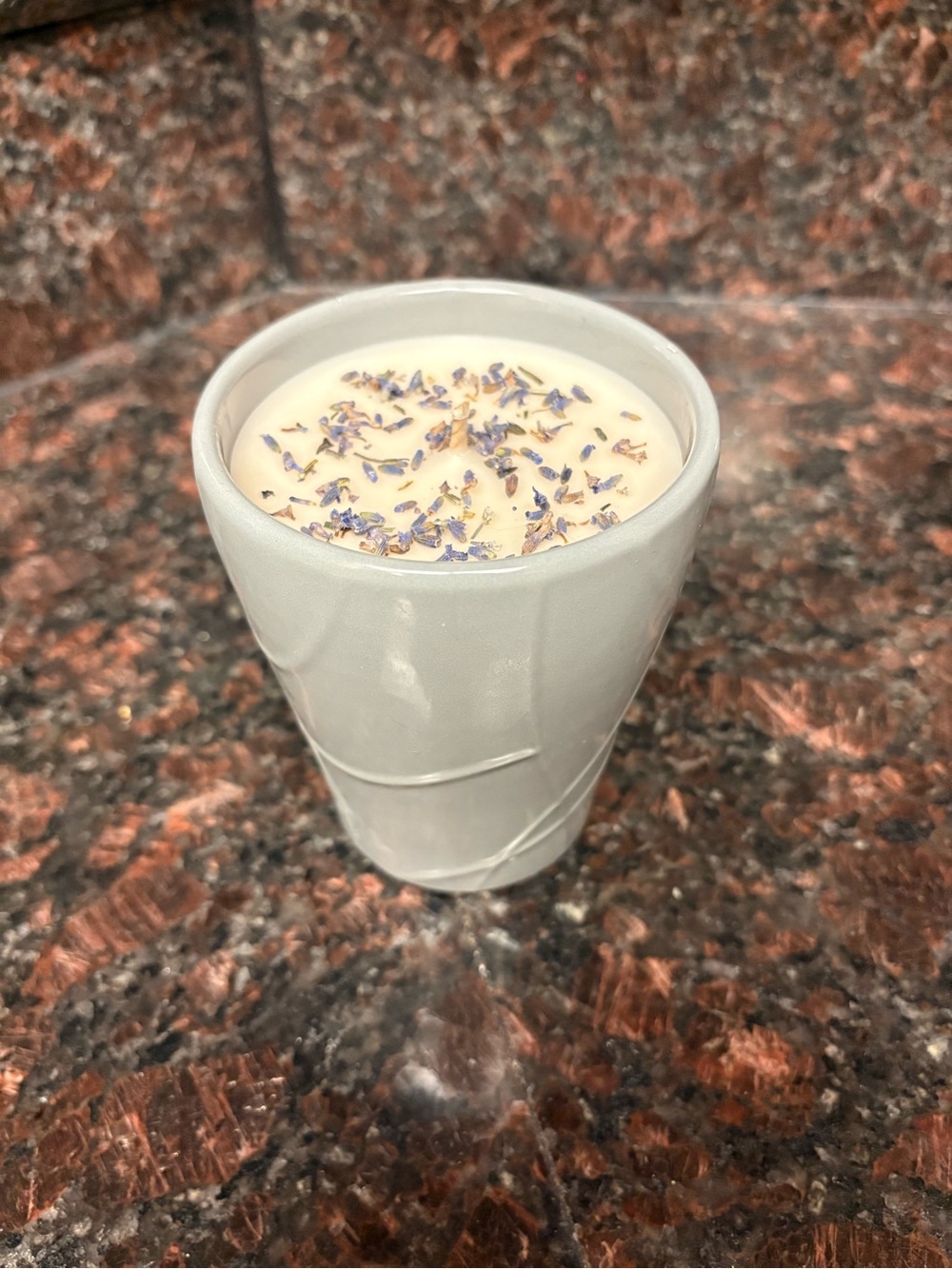 Lavender handmade upcycled candle made by me with dried lavender on top